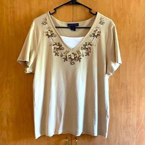 Karen Scott XL Tan Embroidered shirt flowers bling